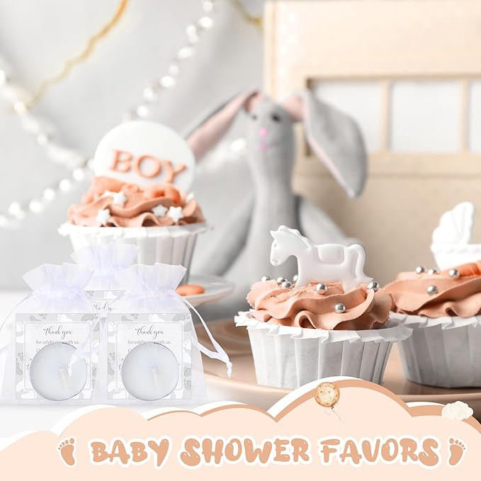 50 Sets Baby Shower Party Favors Including 50 Pcs Unscented Tealight Baby Shower Candles Gift Bags Cards for Gender Reveal Party Supplies(White Silver)