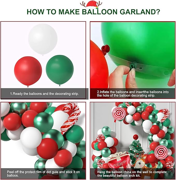 Christmas Balloons Garland Arch Kit, 85 Pcs Red Green White Balloons with Candy Elk Santa Claus Gift Box Mylar Balloons for Candy Theme Baby Shower Birthday Christmas party Decoration