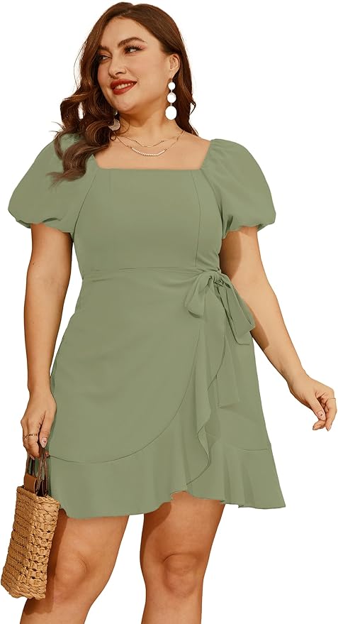 Sampeel Womens Summer Dresses Square Neck Puff Sleeve Tie Waist Short Dress
