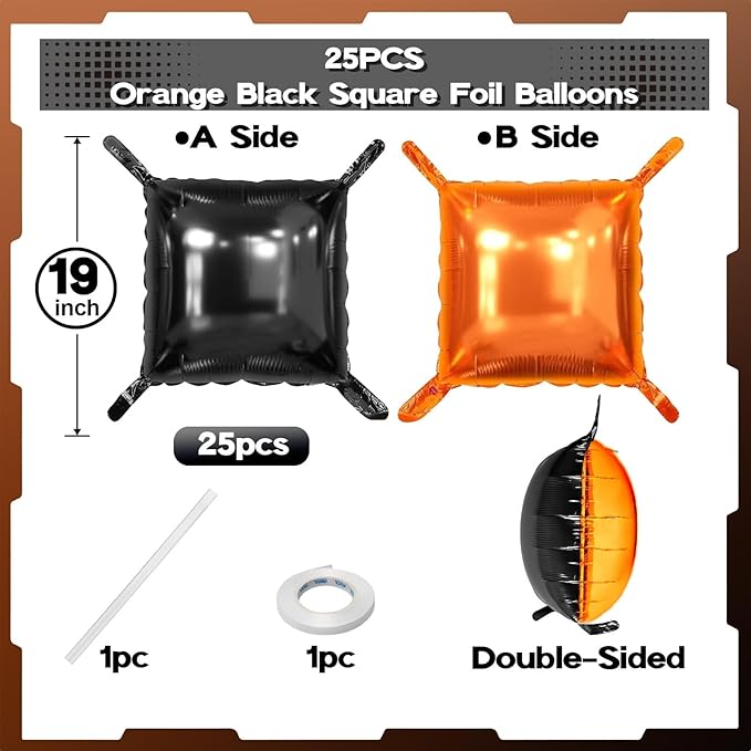 Black Orange Square Foil Balloons, 25PCS Double Sided Metallic Orange and Black Square Balloons Backdrop Wall Tunnel Arch Kit for Basketball Theme Boys Men Birthday Halloween Party Background Decor