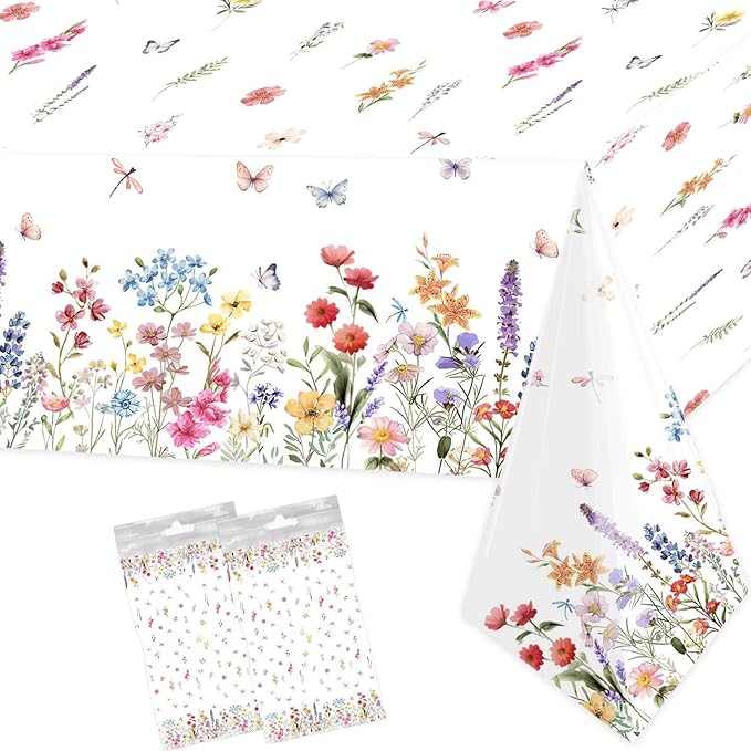2 Pcs Wildflower Tablecloth Spring Summer Floral Table Cover for Butterfly Wildflowers Theme Picnic Dining Holiday Weeding Baby Shower Birthday Tea Party Table Supplies Decorations