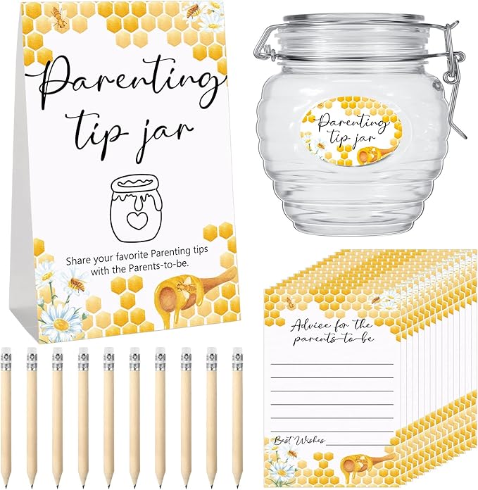 Roowest Baby Shower to Baby Advice Cards for New Parents to Be - Tip Jar Sign for New Parents 60 Parenting Advice Cards 10 HB Pencils 2 Cute Stickers 1 Pet Bottle for Guests Games(Honey)