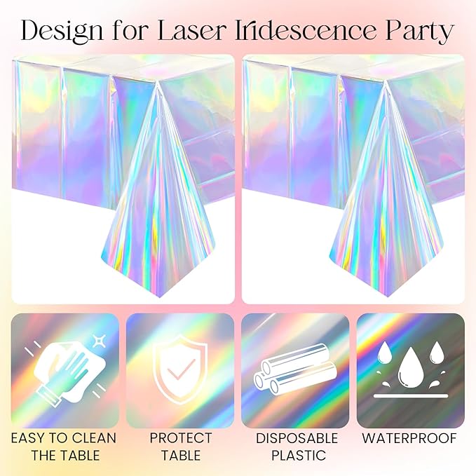 3pcs Iridescence Holographic Foil Tablecloth 54*72 inch Laser Shiny Plastic Birthday Party Table Cloths Waterproof Table Cover for Christmas Wedding Bridal Shower Anniversary Party Supplies