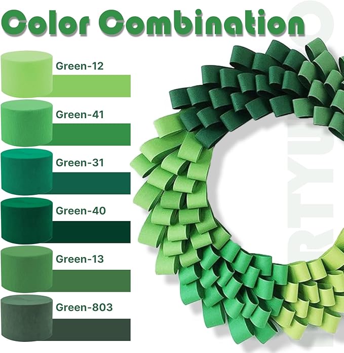 PartyWoo Green Crepe Paper Streamers 10 Rolls 820 ft Pack of Gold and Shades Green Crepe Paper for Graduation Christmas Wedding Jungle Birthday Party Decorations (1.8 Inch x 82 Ft/Rolls)