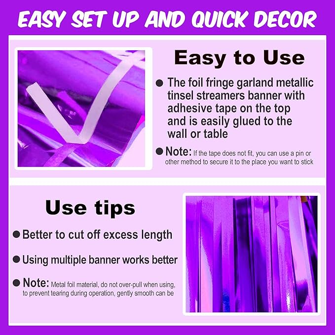 3 Pack 10 Ft Purple Foil Fringe Garland Metallic Streamers Tinsel Banner Wall Hanging Garland Backdrop for Parade Floats, Halloween, Christmas, Thanksgiving, New Year Party Decorations