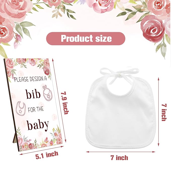 Panitay 43 Pcs Baby Shower Games White Bibs Design, Include Wooden Baby Shower Game Sign, 30 DIY Blank White Bibs, 12 Markers for Gender Reveal Party Decorating Supplies(Flower)