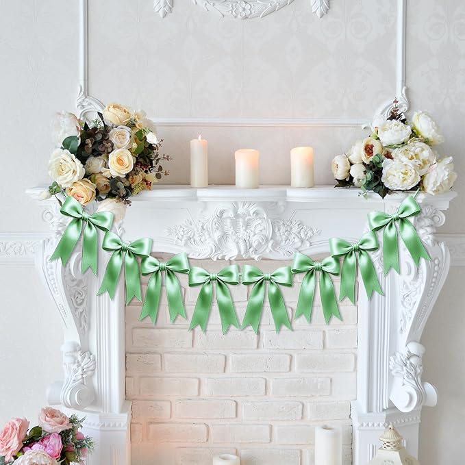 2 Strings of 16PCS Sage Green Bow Garlands Banner Decoration,Pre-Strung Satin Ribbon Ornaments for Birthday,Bachelorette Party,Bridal Shower,Wedding,Engagement,Baby Shower,Graduation Decor,Anniversary
