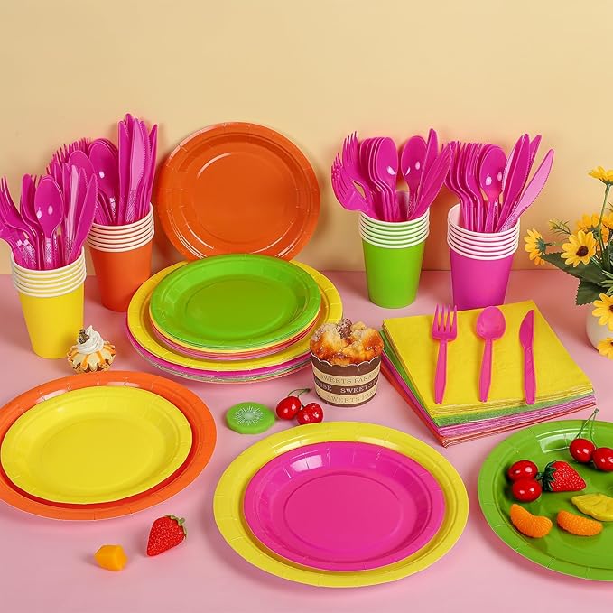 durony 192 Pcs Neon Party Supplies Paper Plates Cups Napkins Hard Plastic Cutlery Forks Knives Spoons Disposable Glow Party Tableware for Fiesta Neon Birthday Party Favor Decorations Serves 24 Guests