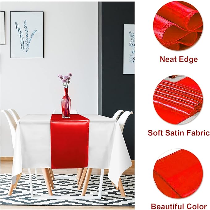12Pack 12x108 Inch Satin Table Runner and 54x108 Inch Plastic Tablecloths Set Red and White Disposable Rectangle Table Cover for Graduation Wedding Bridal Shower Anniversary Birthday Party Decorations