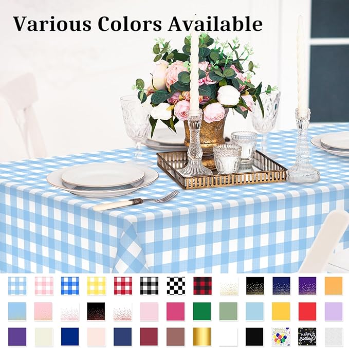 4 Pcs Light Blue Checkered Tablecloth 54 ×108 Inches Rectangle Blue Gingham Tablecloth Disposable Plastic Waterproof Table Cover for Outdoor Picnic, Kitchen, Holiday Birthday Party