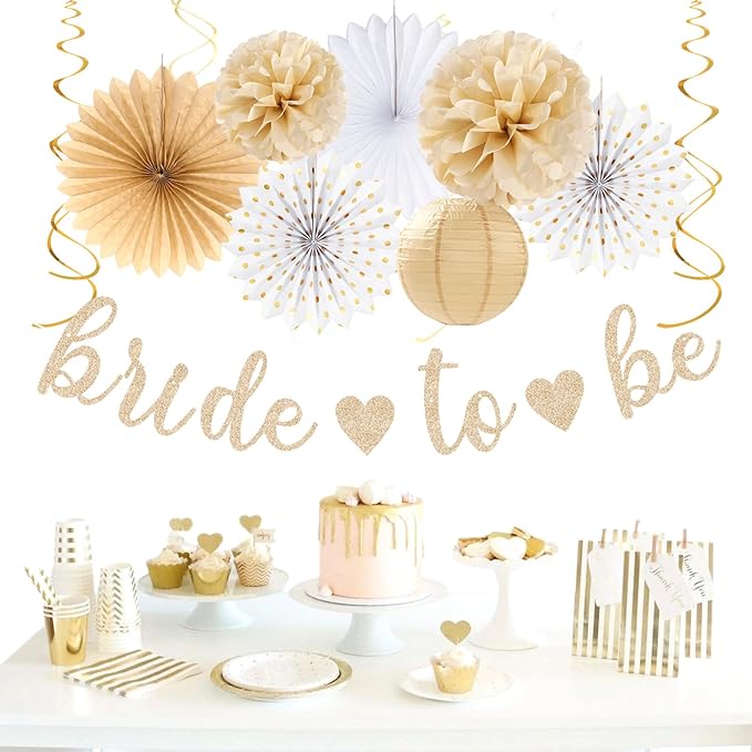 White Champagne Gold Boho Bachelorette Party-Decorations - 21pcs Women Bridal Shower Banner Garland,Bride To Be Paper Streamers Lanterns,Flower Tissue Pom Poms Fan Favors Wedding Decor Huglony