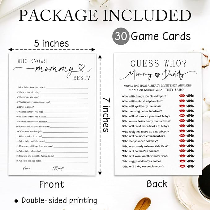 30 Pcs Baby Shower Game Cards - Mommy Or Daddy & Who Knows Mommy Best - Minimalism Double-Sided Game Baby Gender Reveal,Announcement Party Favor - A02