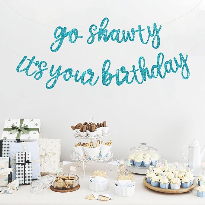 BEISHIDA Light Blue Go Shawty It's Your Birthday Banner - NO DIY - Hip Hop Theme Glitter Happy Birthday Banner - Pre-Strung - Light Blue Rap Theme Happy Birthday Sign for Man Women birthday Party