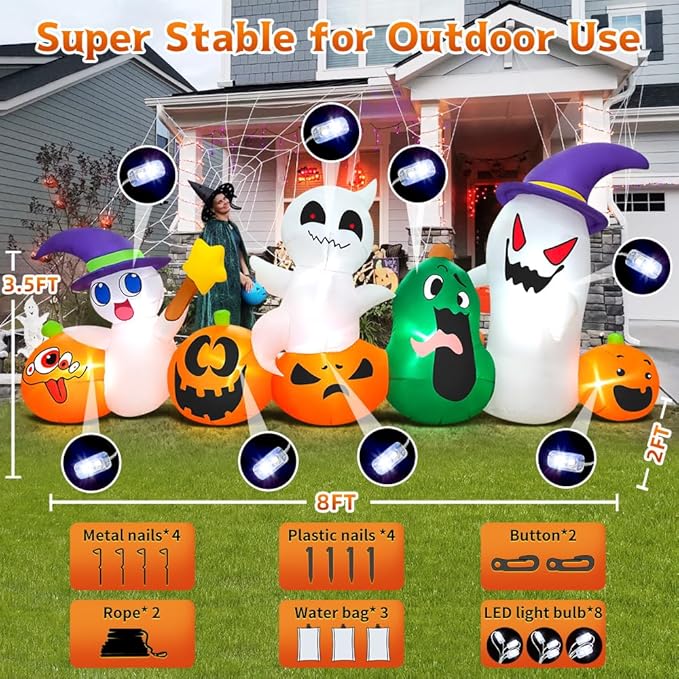 8 FT Halloween Inflatables Blow up Outdoor Decoration, Inflatable Ghost with Pumpkin Led Light Inflatables Outdoor Decor Blow up Inflatables for Holiday Party Lawn Yard Garden Décor