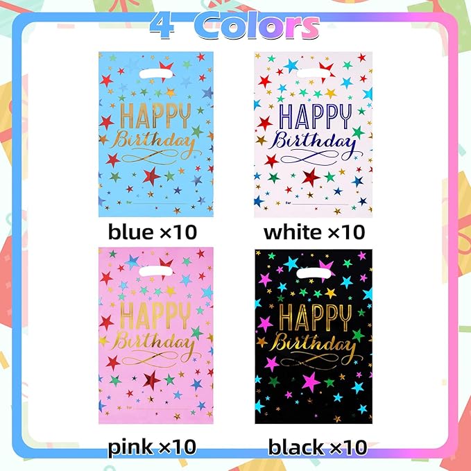 40pcs Party Favor Bags for Kids Birthday Goodies Bags, Plastic Gift Bags for Kids Girls Boys Candy Birthday Party Favor Gift Wraps (40pcs star pattern 4colors)
