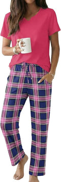 Ekouaer 2 Piece Womens Pajamas V Neck Short Sleeve Top and Long Pants Pjs Print Lounge Set Sleepwear