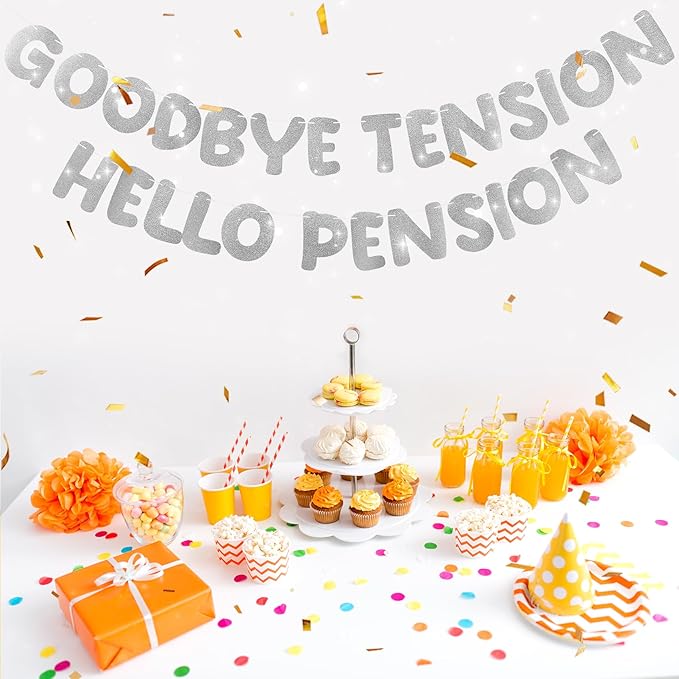 Retirement Banner Pre-Strung GOODBYE TENSION HELLO PENSION Banner Glitter Retirement Party Supplies Decorations for Women Men Office Home Decor (Silver)