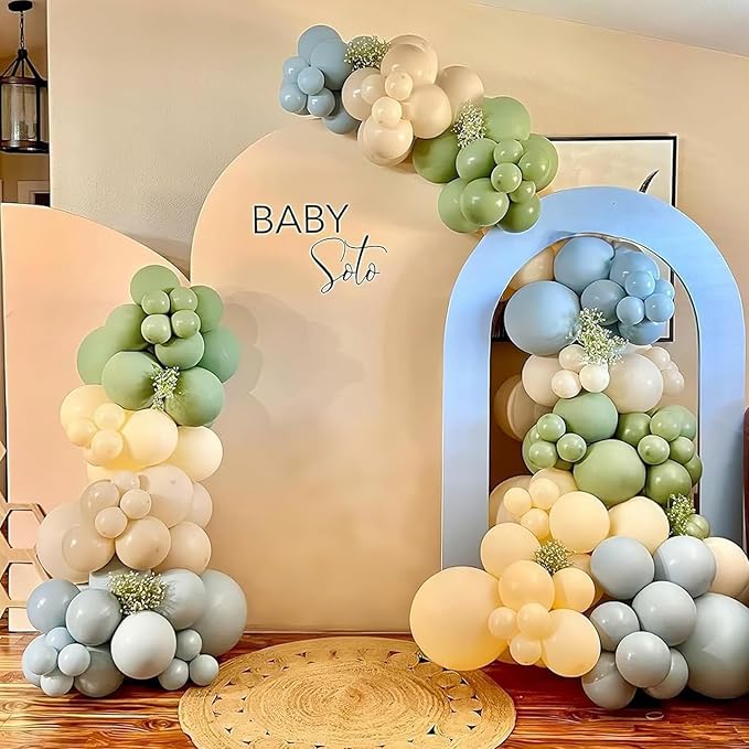 Sage Green Dusty Blue Yellow Balloon Garland 126 Pcs Slate Blue Olive Green Yellow Sand White Cream Party Latex Balloons Arch Kit for Bridal Birthday Wild Party Deocration