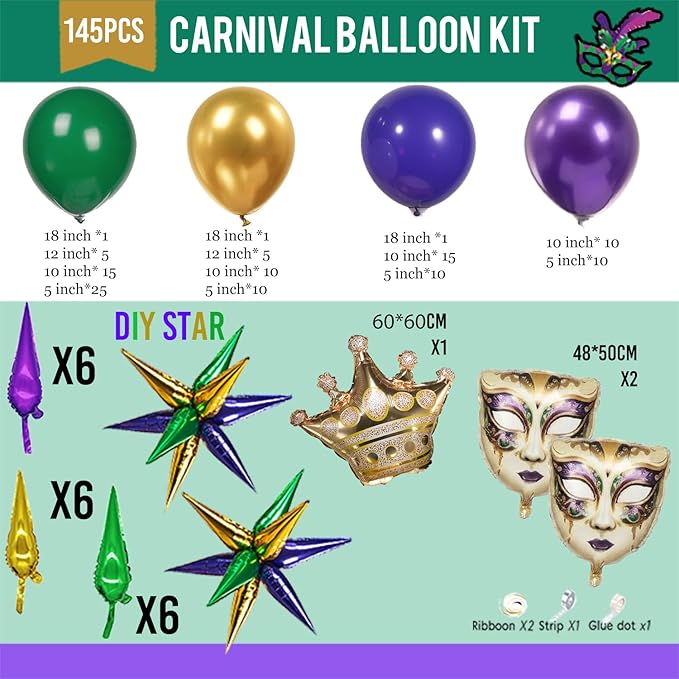Mardi balloon garland arch kit Purple green gold with star Crown and Crown Mask Balloons for Gorgeous Funny Grand Fat Tuesday Party decorations