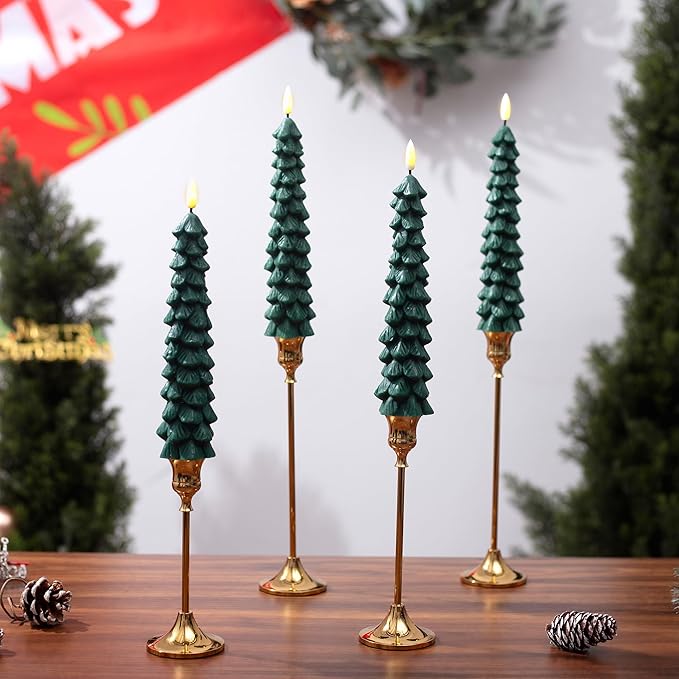 4 PCS Flameless Christmas Tree Candles with Remote Timer, Real Wax Flameless Taper Candles 9.65 Inch, LED Candlesticks with 3D Flickering Flame, Christmas Decor Candles Battery Operated