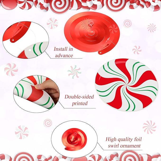 Funrous 54 Pcs Christmas Peppermint Candy Hanging Decorations Christmas Candies Ceiling Hanging Swirls Xmas Party Ceiling Whirl Streamers for Xmas Holiday Party Decor(Red White Green)