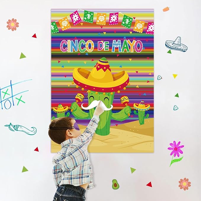 AUGSUN Mexican Fiesta Party Games Pin Tail Game Poster Large Cinco De Mayo Game with Stickers and Blindfolds for 5 De Mayo Mexican Themed Fiesta Party Supplies Family Activities Decorations