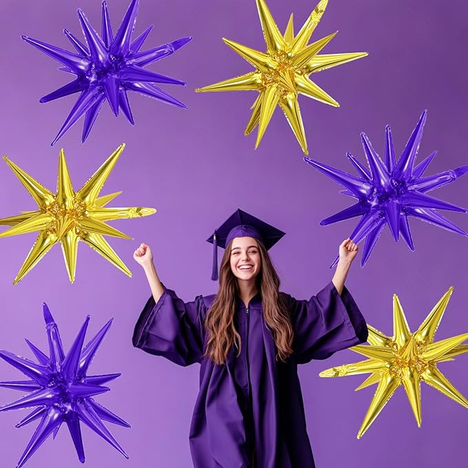 6PCS Purple Gold Star Balloons, 22Inch Large Star Shaped Balloon Foil Spike Balloon Cone Balloons for Graduation Birthday Wedding Baby Shower Halloween Festival Ceremony Decorations