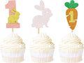 Ercadio 24Pcs Easter Bunny One Cupcake Toppers Glitter Rabbit Carrot One Cupcake Picks for Easter 1st Birthday Party Easter Baby Shower Rabbit Boys Girls First Birthday Cupcake Decorations