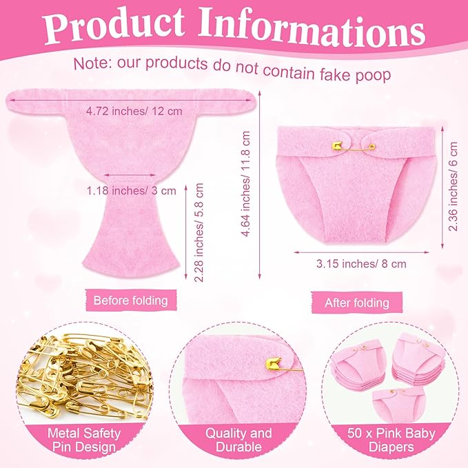 Roowest 51 Pcs Dirty Diaper Baby Shower Games Funny Wooden Sign with 50 Pcs Mini Diapers Cute Felt for Gender Reveal Party Baby Shower(Pink Elephant)