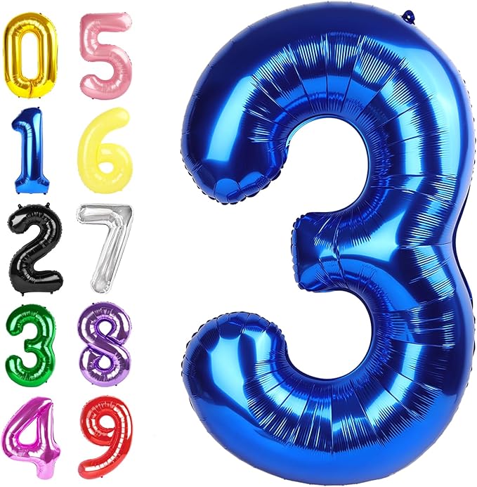 Number Balloons 40 Inch 3 Balloons for Birthday Party Decoration, Blue Number 3 Ballon for 3, 13, 23, 30 Celebration, Boy and Girl Birthday, Christmas, Anniversary Decor