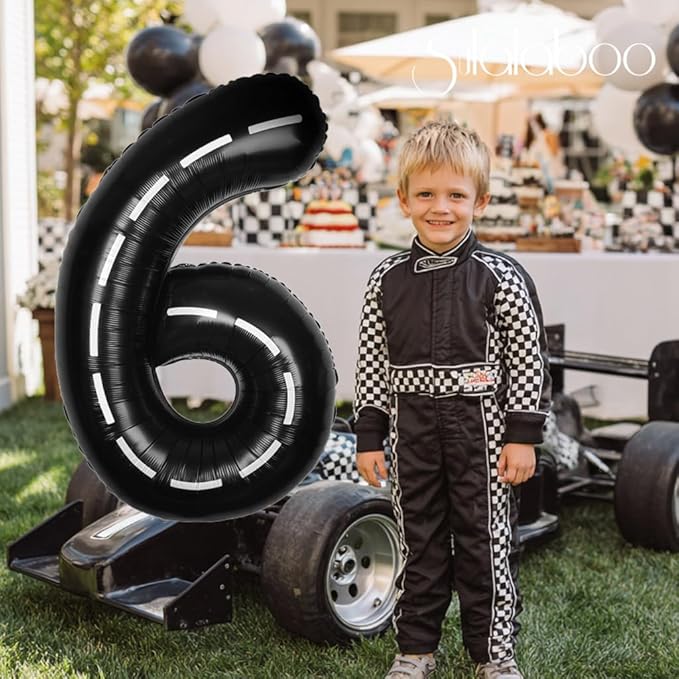 Race Car 40Inch Black 6 Balloon Number Large Helium Race Track 0-9 Giant Digital 6th Foil Mylar Big Party Number Balloons for Boy Birthday Car Theme Party Anniversary Graduation Decorations