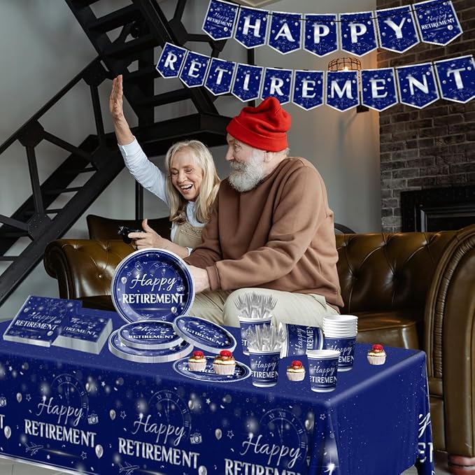 142Pcs Retirement Tableware Party Decorations Happy Retirement Party Supplies Sliver Blue Plastic Disposable Banner,Cup,Tablecloth,Plates and Napkins Sets