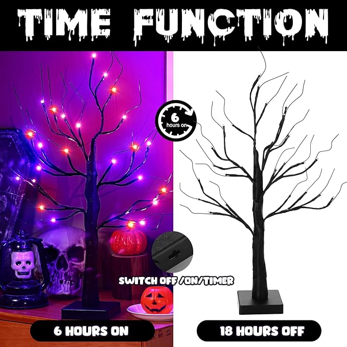 Ganeen 2 Pcs Halloween Decorations Indoor 24 Inch/2 ft Lighted Orange and Purple Birches Tree with Timer 48 LED Lights Willow Battery Operated Artificial Black Tabletop Spooky Tree for Home and Party