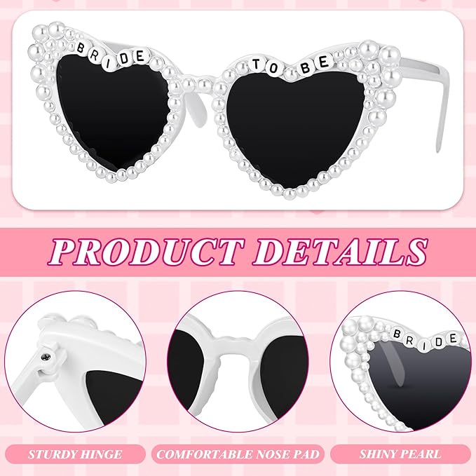 8 Pcs Bachelorette Party Bride to Be Decorations Pearl Heart Sunglasses Pearl Sash Bridal Veil for Wedding Engagement Bridal Shower Favors