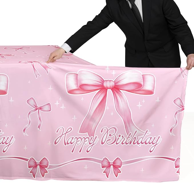 Gatherfun Pink Bow-Themed Party Supplies Set for Women: Happy Birthday & Bachelorette Decorations Combo - Includes 2 Disposable Tablecloths (54 x 108 inch) for Birthday & Tea Party Decorations