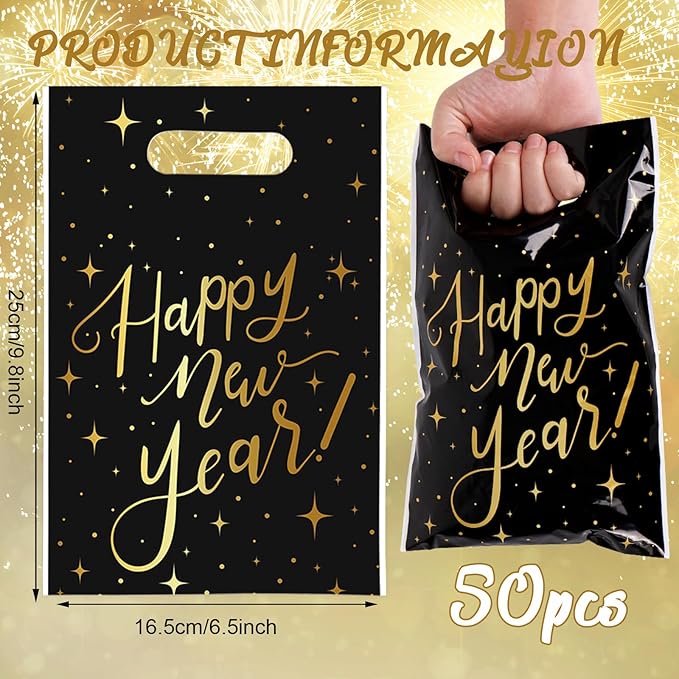 Whaline 50Pcs Happy New Year Party Favor Bag Plastic Treat Bags with Handles Black Gold Star Candy Goodie Bags for Christmas New Year's Eve Snack Cookie Packing