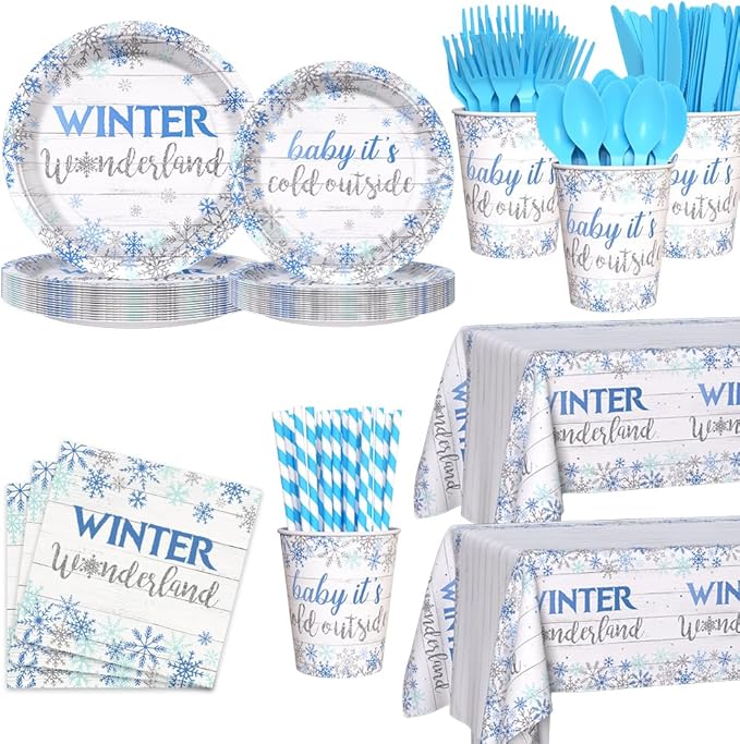 194pcs Winter Wonderland Baby Shower Decorations Winter Wonderland plates and Napkins, Cup, Tablecloth, Tableware, Blue Disposable Christmas Snowflake Party Supplies Serve 24 Guests