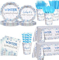 194pcs Winter Wonderland Baby Shower Decorations Winter Wonderland plates and Napkins, Cup, Tablecloth, Tableware, Blue Disposable Christmas Snowflake Party Supplies Serve 24 Guests
