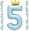 AULE 40 Inch Big Light Blue 5 Balloon Number with Crown Large Foil Helium Number Balloons 0-9 Jumbo Giant Happy 5th Birthday Party Decorations Huge Mylar Anniversary Party Supplies