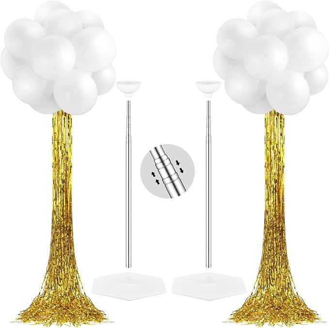Gejoy 2 Set White and Gold Graduation Decorations Graduation Balloon Column Stand Kit with 50 Balloons 2 Gold Foil Fringe Backdrop Curtains 2 Adjustable Tower Stand with Base for 2026 Grad Party Decor