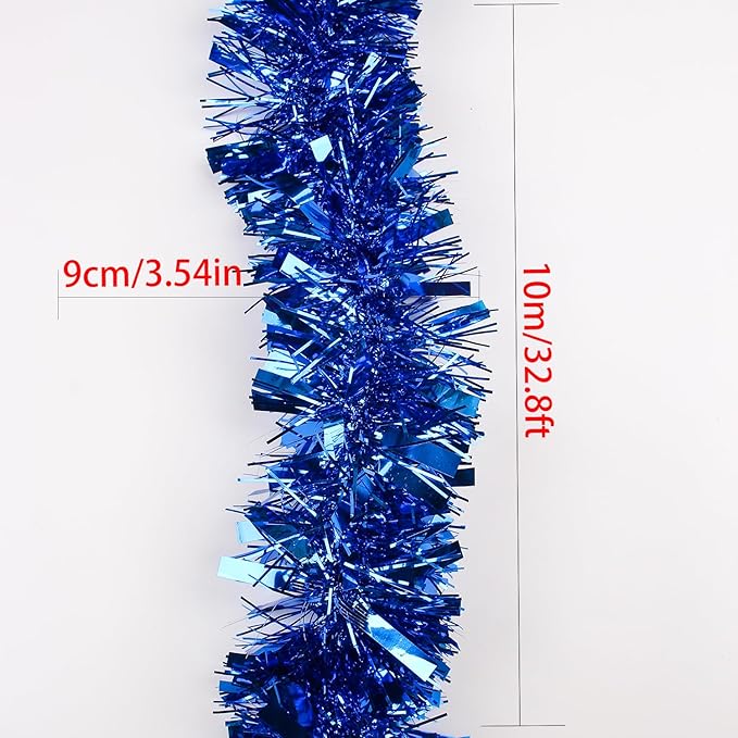 33FT Christmas Tinsel Garland,Blue Shiny Metallic Foil Decorations for Parade Floats, Halloween, Christmas Tree, New Year Parties,Birthday Party,Indoor and Outdoor Disco Party Supplies
