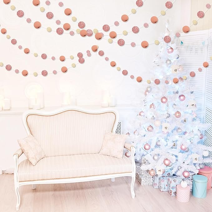 Outus 5 Pieces Rose Gold Round Dots Garland Easter Graduation Party Hanging Decor Each Length 13.1ft Glitter Paper Dot Streamers for Birthday Wedding Classroom (Champagne)