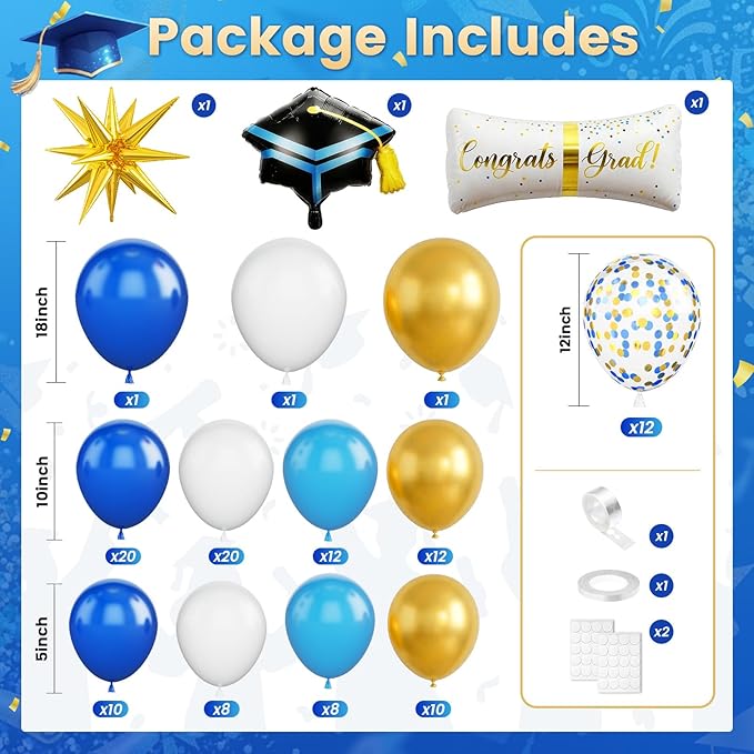 Blue Gold White Balloons Arch Kit, Blue White Balloon Arch with 4D Gold Star Graduation Certificate and Cap Foil Balloon, Royal Golden Confetti Balloons for 2026 Graduation Decoration Birthday Party