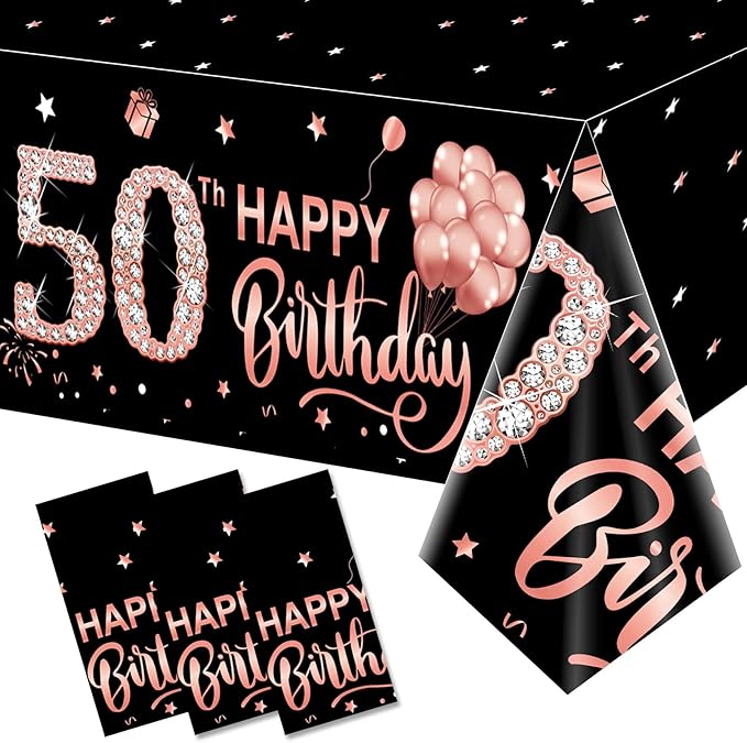 3 Pack Rose Gold Happy 50th Birthday Tablecloth Decorations - Fifty Years Old Plastic Disposable Rectangular Table Cover Party Supplies