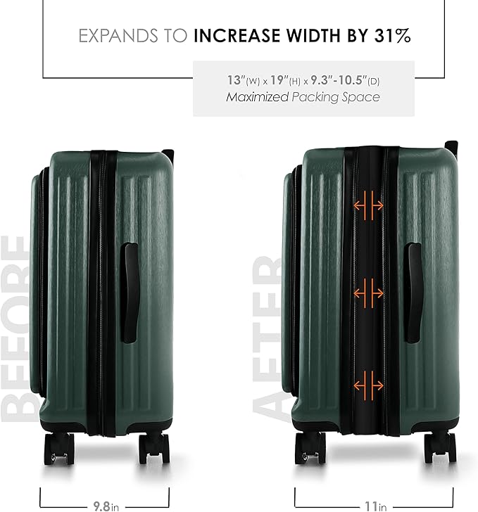 TRAVELARIM 20 Inch Carry On Luggage 22x14x9 Airline Approved, Carry On Suitcase with Wheels, Hard-shell Carry-on Luggage, Durable Luggage Carry-On, Green Small Suitcase with Cosmetic Case