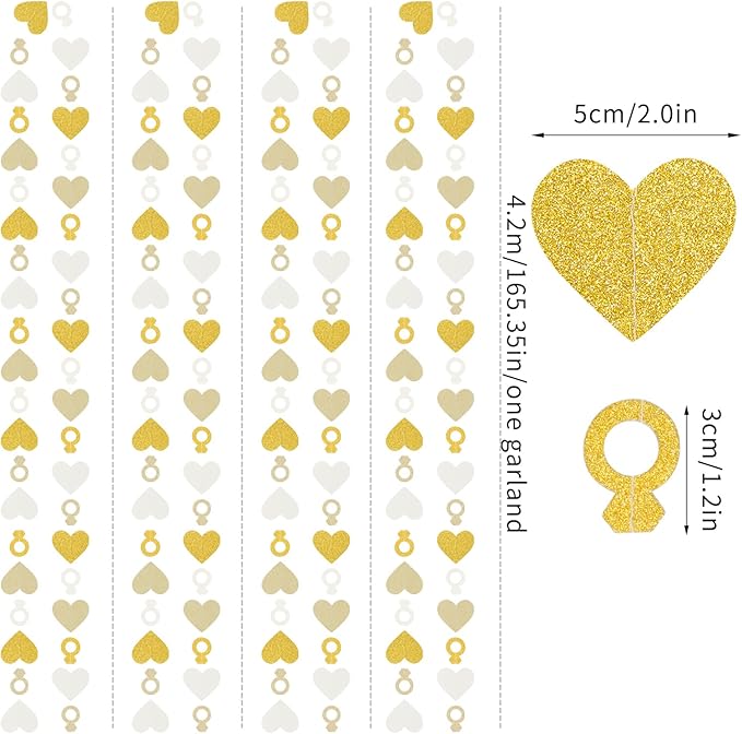 Engagement Bachelorette Party-Decorations White-Gold Garland - 52Ft Heart Ring Wedding Paper Streamers Banner, Galentines. Proposal Decor Lasting Surprise