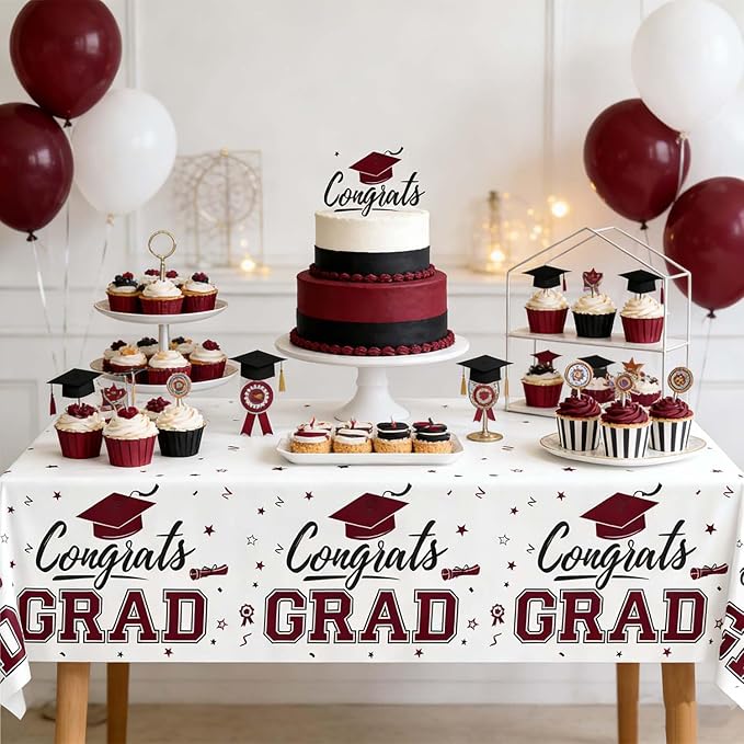 Oigco 2 Pack Maroon Graduation Tablecloths, Graduation Decorations Class of 2026, Congrats Grad Plastic Table Cloths for Graduation Party Decorations, 54 x 108 Inch