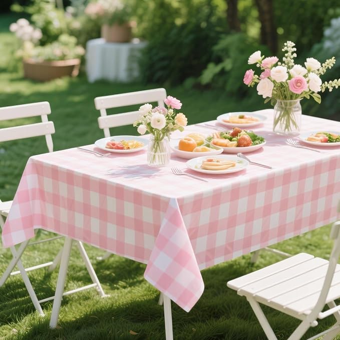 3 Packs Pink Checkered Tablecloth 54 x 108 Inch Disposable Picnic Table Cloths Waterproof Rectangular Plaid Tablecloth for Birthday Carnivals Parties