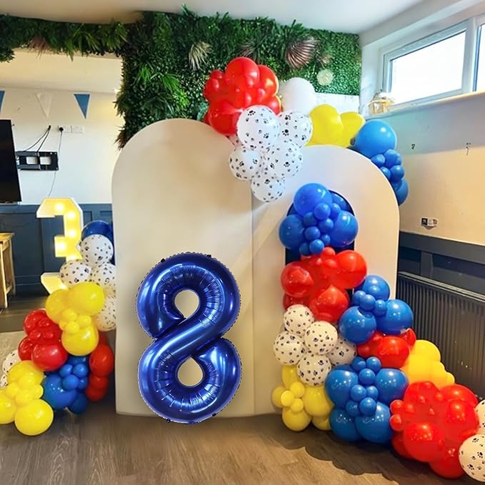 6th Birthday Decorations Boy, Dog Paw Six Years Old Party Arch with Red Blue Yellow Long Latex Balloons 40 inch Number 6 Balloon and Star Foil for Paw Birthday Party Supplies