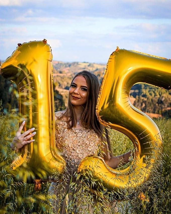 15 Balloons Number, 40 Inch 15th Birthday Decorations for 1 5 15 51, Gold Big Foil Number Balloons for Wedding Store Anniversary Party Supplies